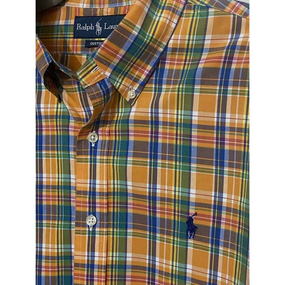 Ralph Lauren Mens Button Down Shirt Large Custom Fit Plaid Orange Preppy Classic